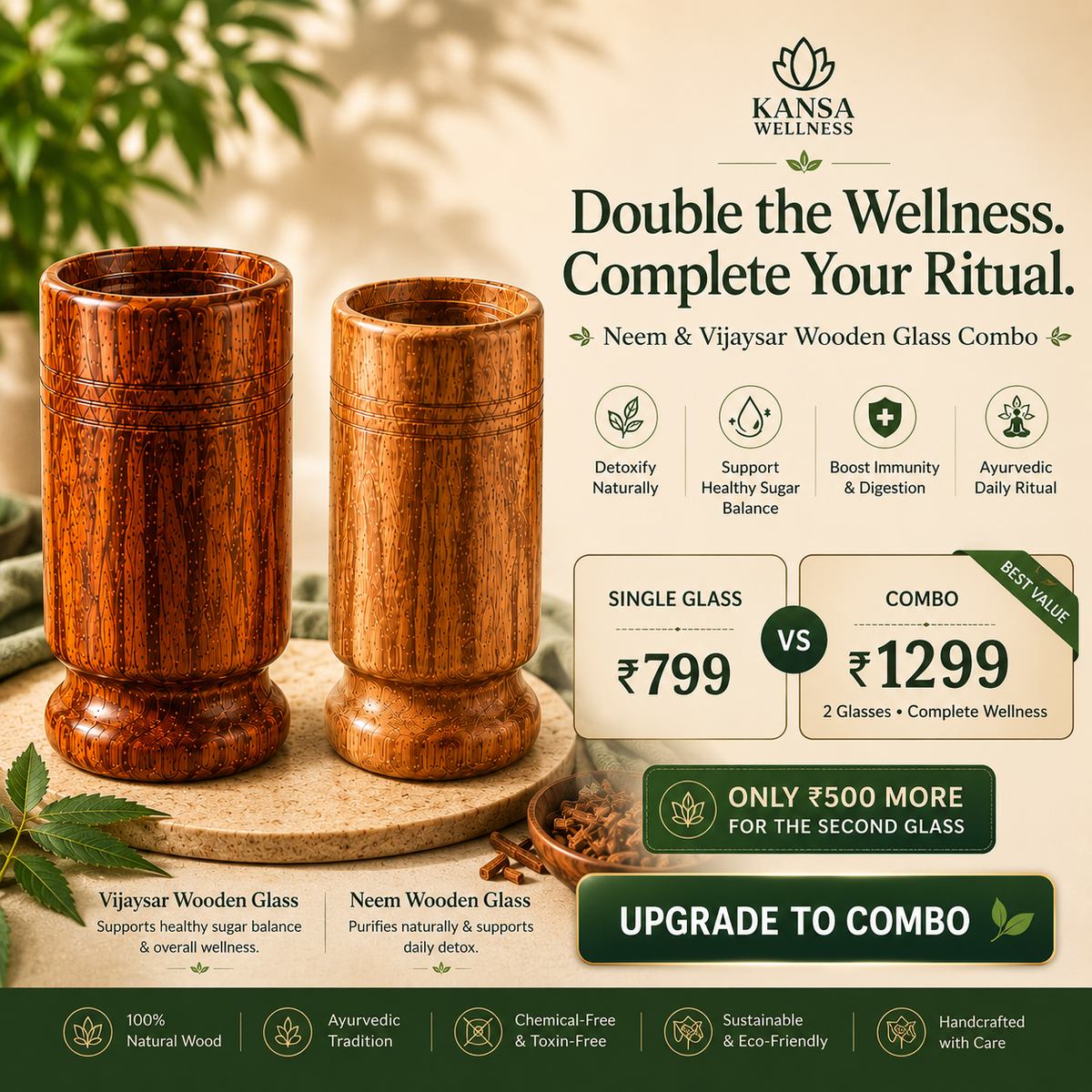 Ayurvedic Vijaysar and Neem Wood Combo | Sugar Balance and Detox Glass
