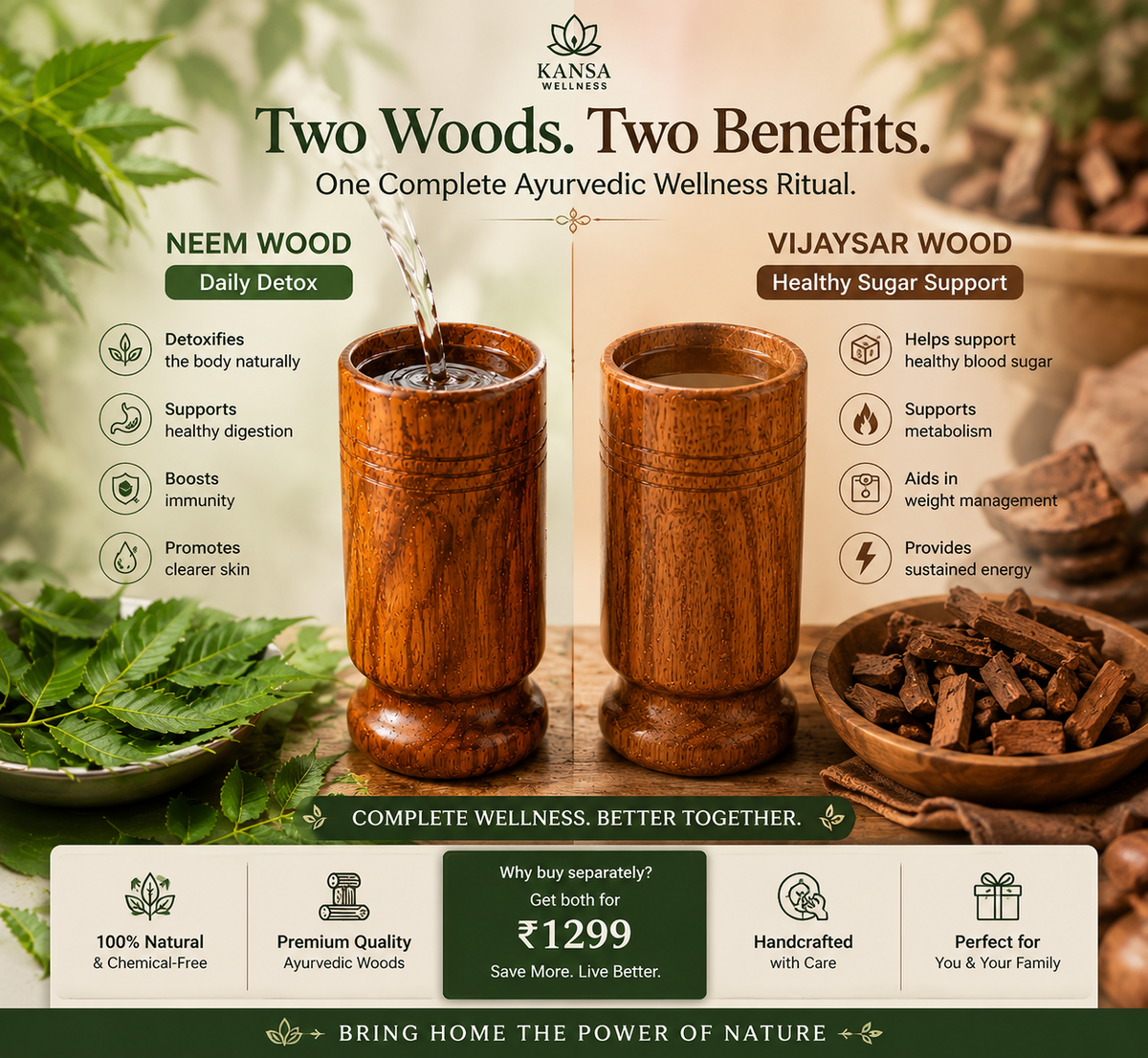 Ayurvedic Vijaysar and Neem Wood Combo | Sugar Balance and Detox Glass