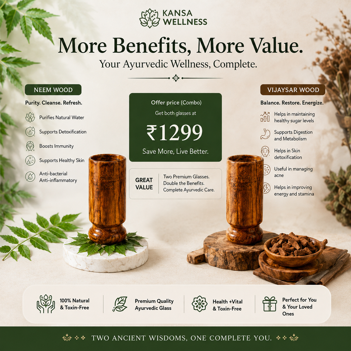 Ayurvedic Vijaysar and Neem Wood Combo | Sugar Balance and Detox Glass