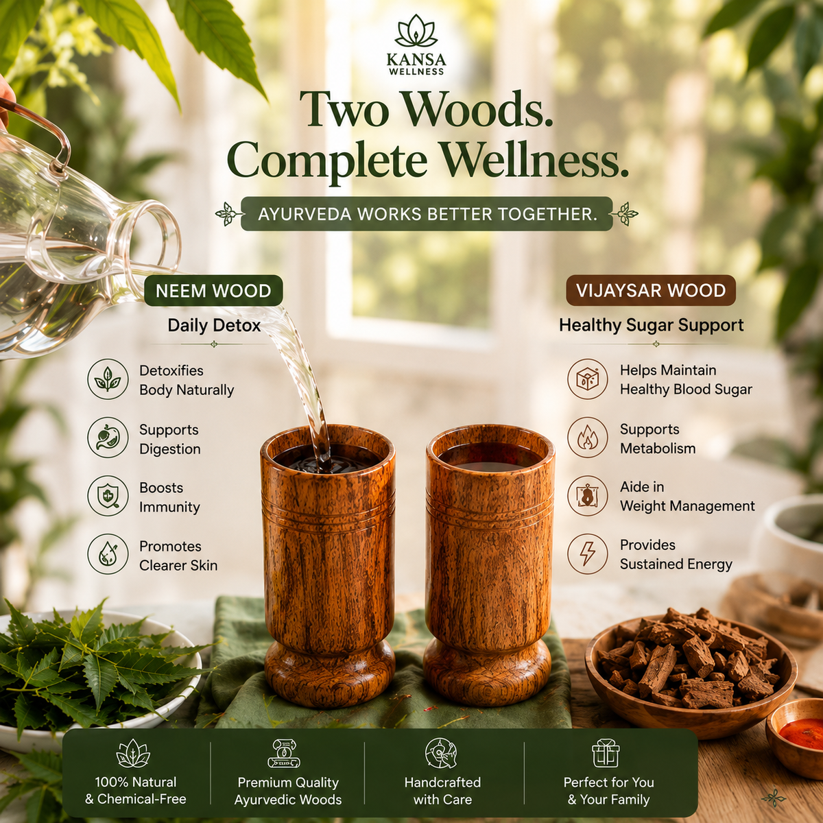 Ayurvedic Vijaysar and Neem Wood Combo | Sugar Balance and Detox Glass
