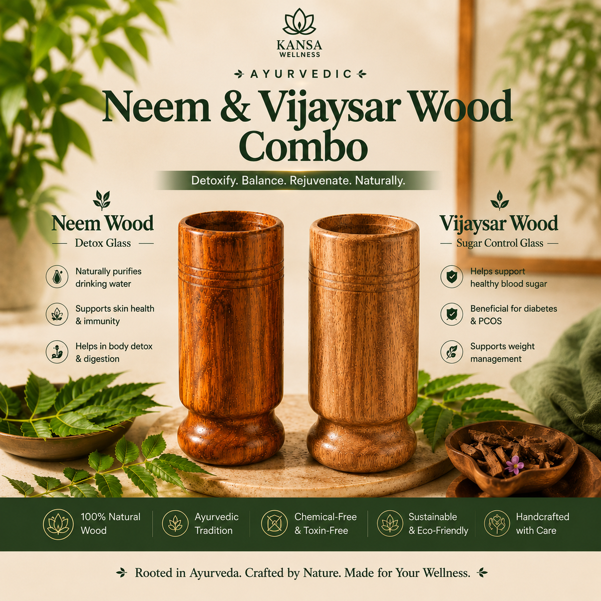 Ayurvedic Vijaysar and Neem Wood Combo | Sugar Balance and Detox Glass